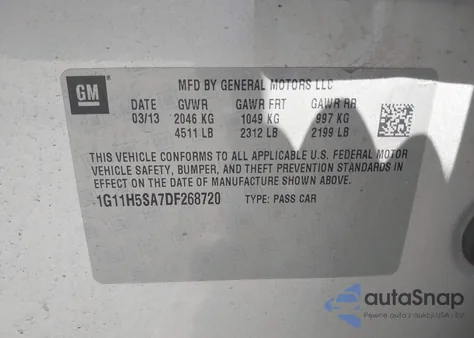 2013 Chevrolet Malibu 1Lz из США, поврежденный, VIN 1G11H5SA7DF268720